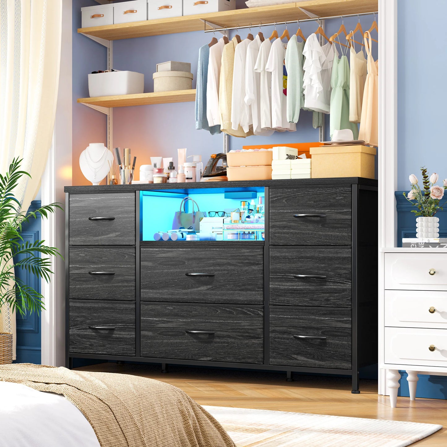 EnHomee 8-Drawer Media Dresser with LED Lighting & Built-in Charging Station - Fabric Storage Cabinet for 55" TVs, Ideal for Bedroom