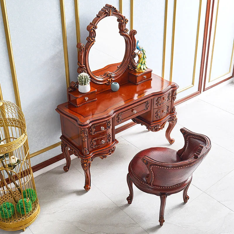 European dresser solid wood carving flower princess bedroom dressing table assembly dark retro American dressing table small apa
