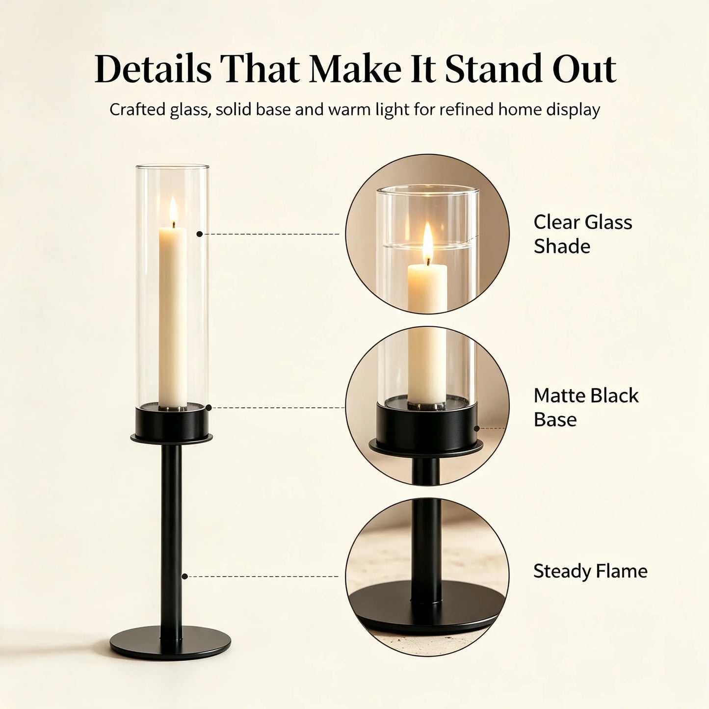 3pcs Black Minimalist Hurricane Candle Holder Set with Stable Base Modern Table Ornament for Dining Table Wedding Indoor Decorat