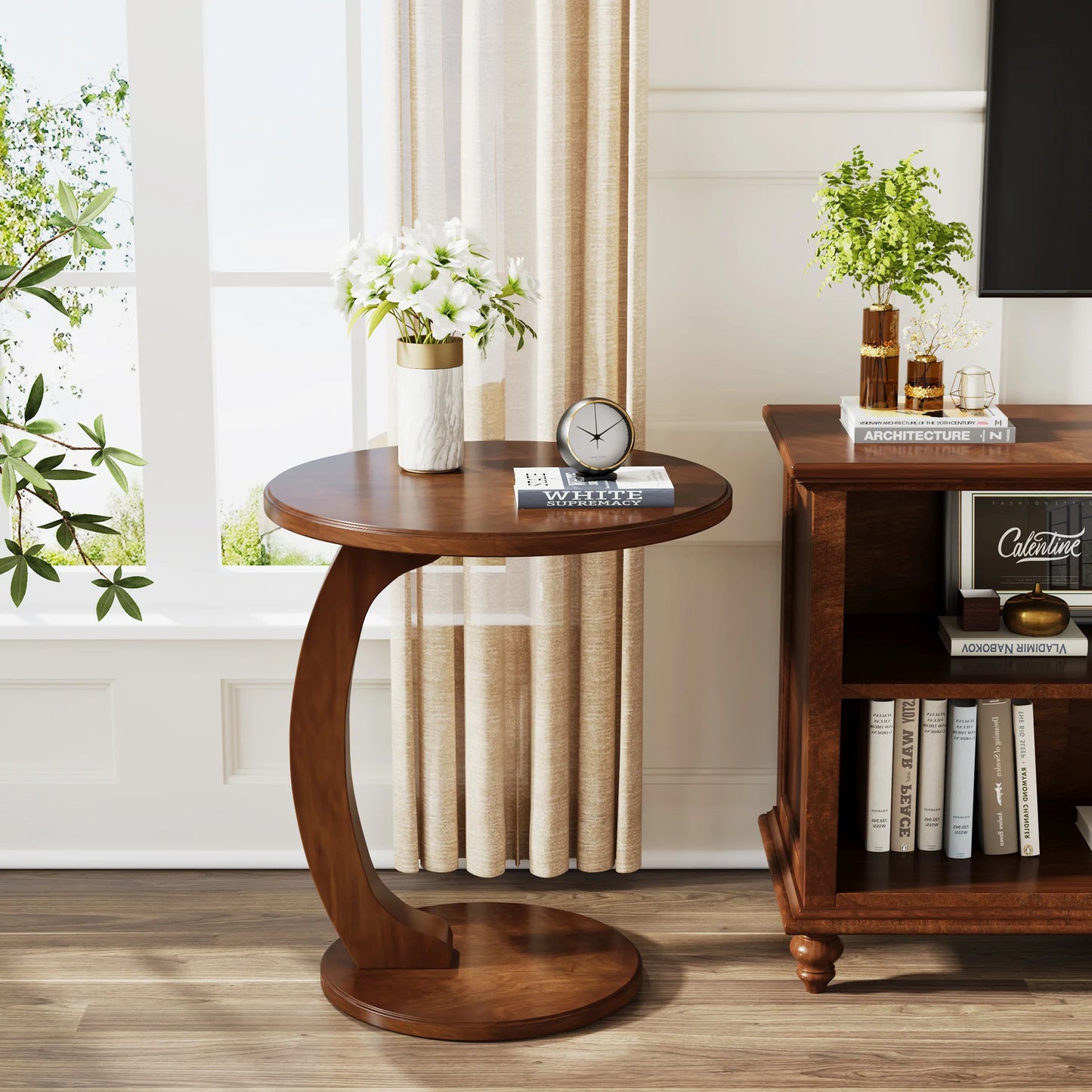 Tribesigns Round End Table, Wood C-Shaped Side Table, Small Couch Side Table, Mid-Century End Table, Retro Side Table