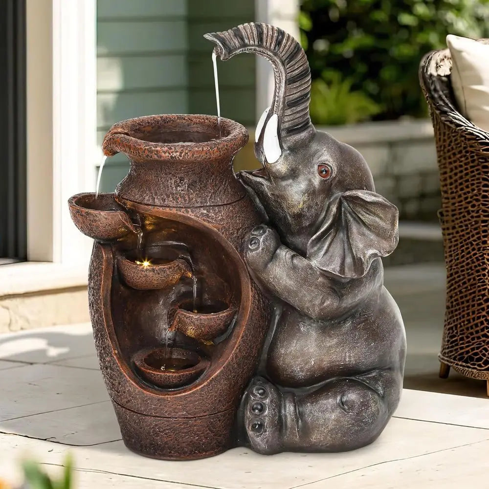 19" H Elephant Jar Outdoor Water ountain, Rustic armhouse Water eature with Tranquil Cascading Waterall, Relaxing Garden Patio Y