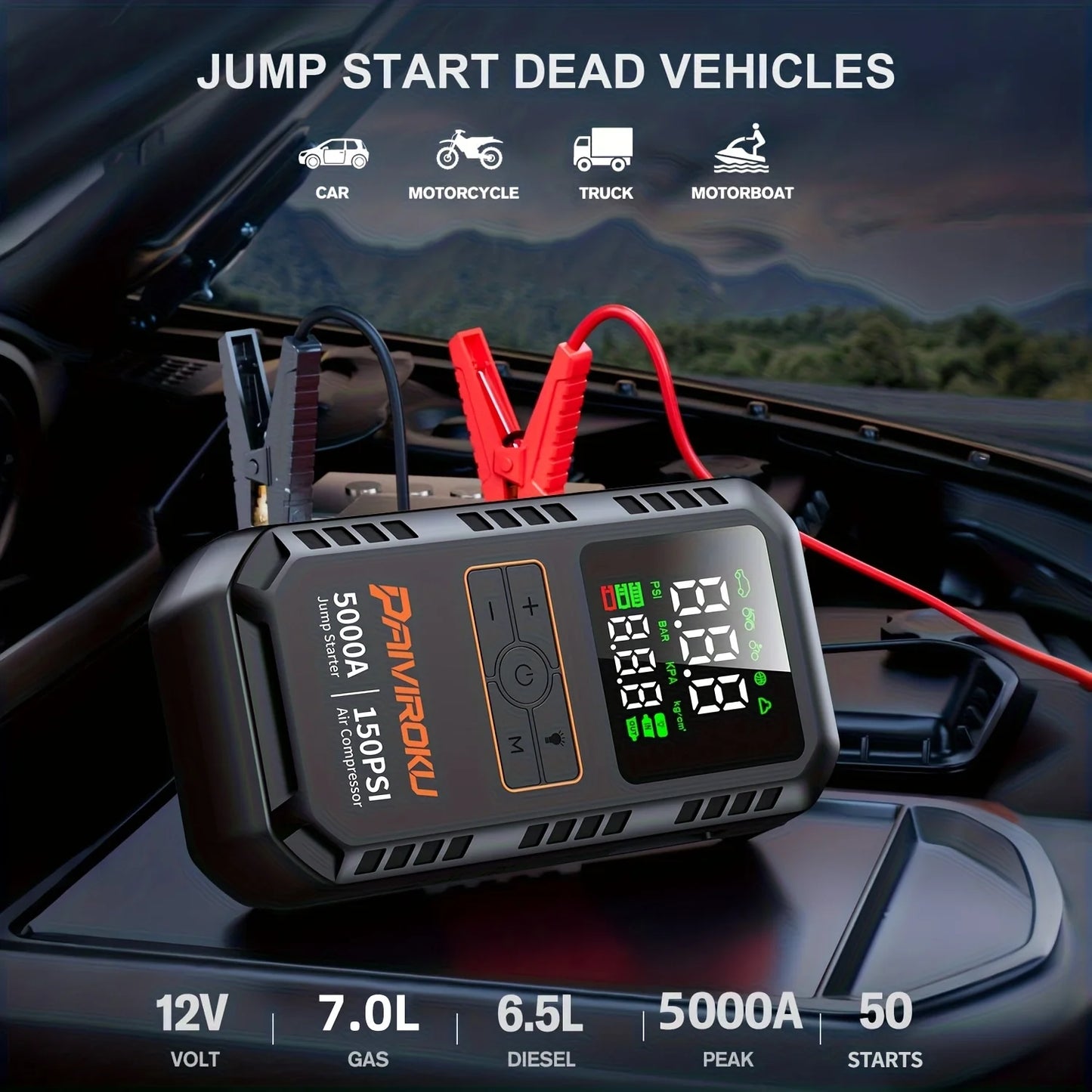6-in-1 Jump Starter with Air Compressor, 150PSI Air Pump for Car Tires, 5000A Peak Jump Starter Portable Power Bank