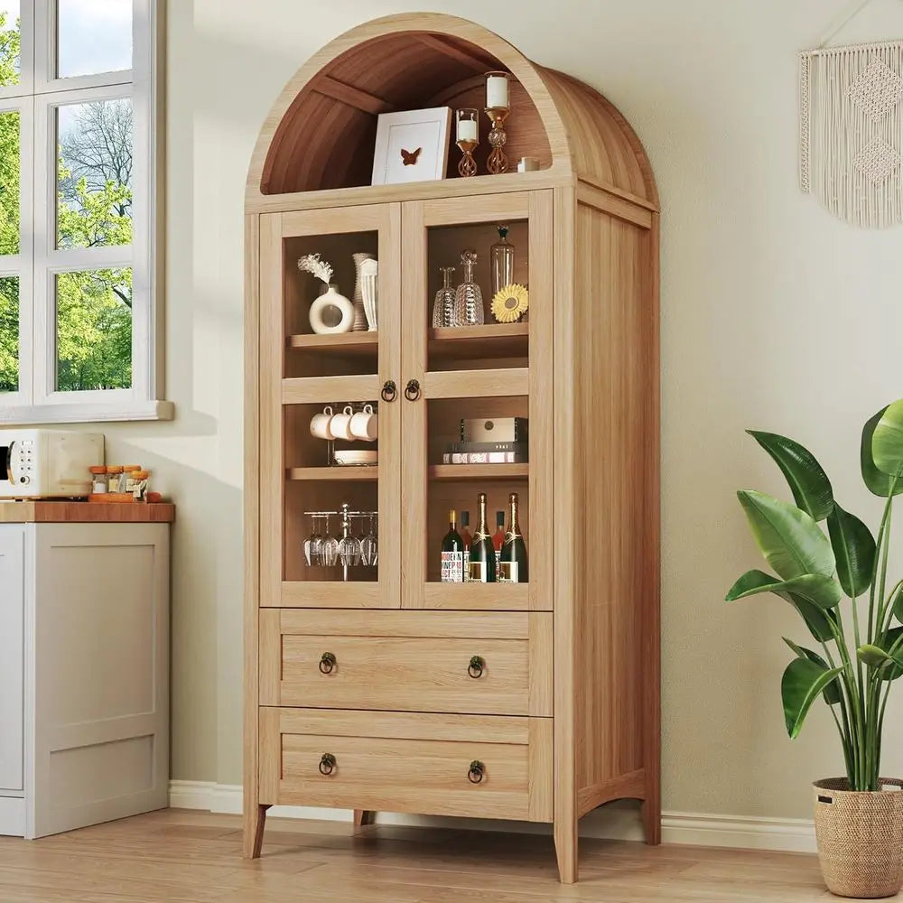71 Tall Arched Pantry Cabinet with Glass Door, 2 Drawers, and Adjustable Shelves for Kitchen, Dining, Living Rooms