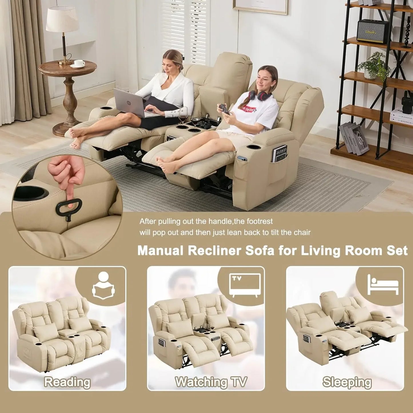 65.5" RV Loveseat Recliner Double Recliner RV Sofa Beige