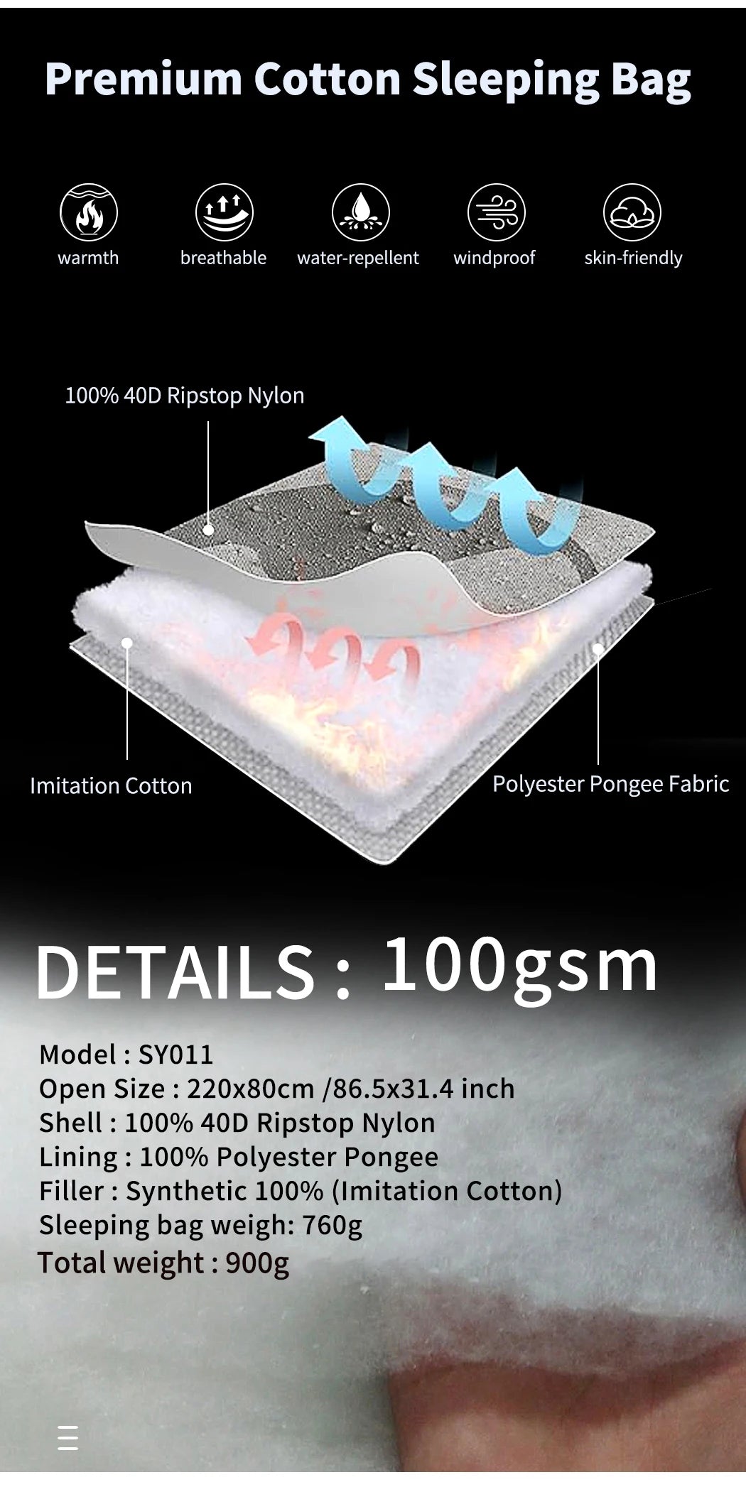Kamperbox SY011 Sleeping Bag 40D Ripstop Nylon Shell Synthetic Fiber Fill Lightweight Portable Camping Sleeping Bag for Adults