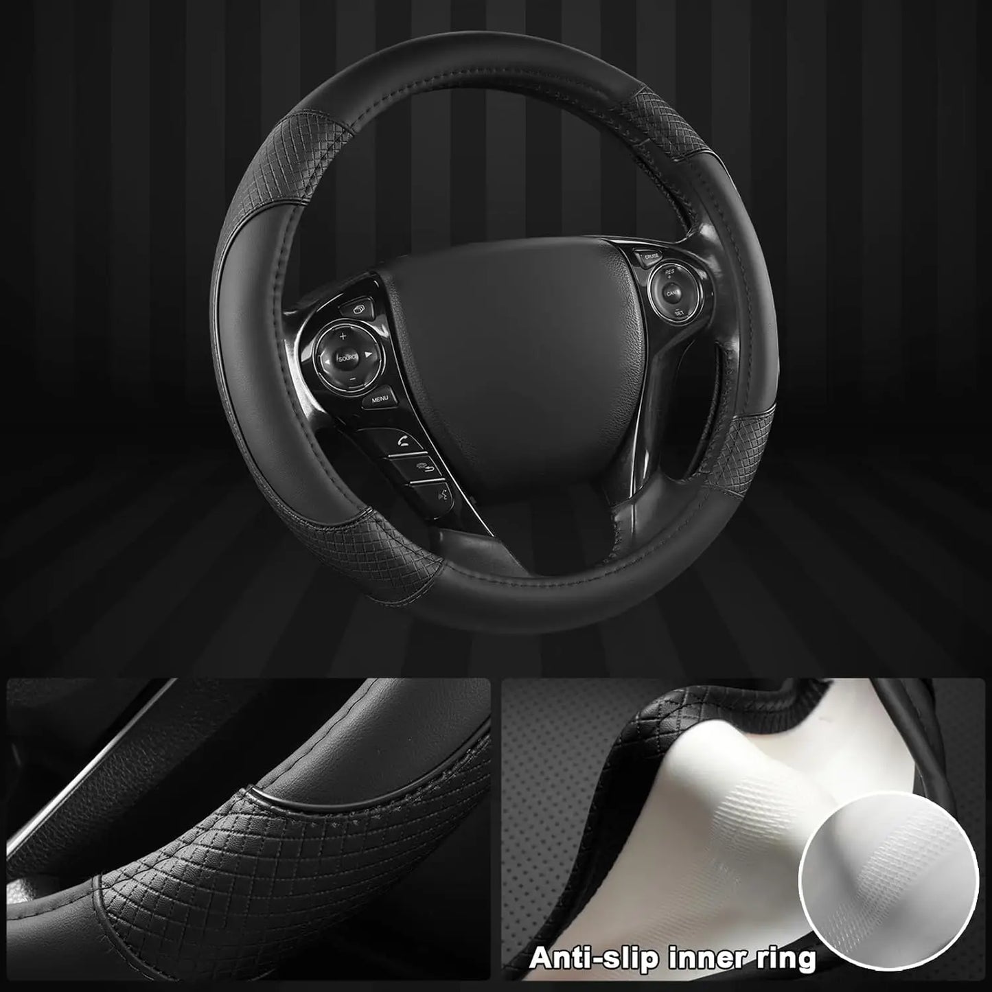 Diamond-Pattern Microfiber Leather Steering Wheel Cover for Honda Accord, Civic, CR-V, HR-V, Pilot - Black Standard Size