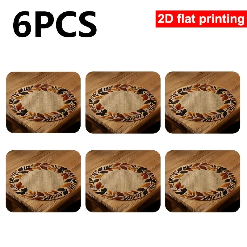 4/6/10pcs Placemat Round 2D Flat Autumn Leaf Wreath Print Table Mat Retro Fall Color Heat Insulation Dining Decor Pad