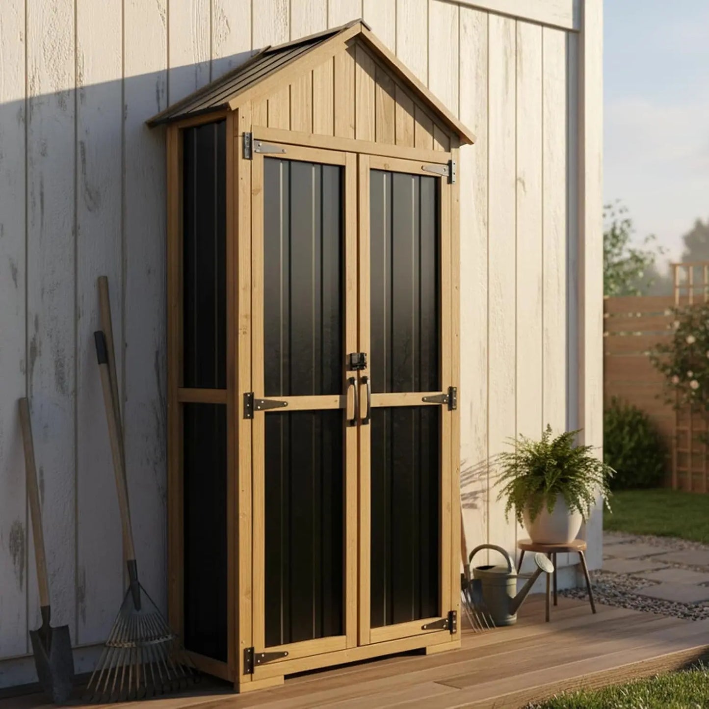 Wood & Metal Outdoor Storage Cabinet with Lockable Doors & Sloping Roof for Patio Backyard Garden Tool, Brown, Custom