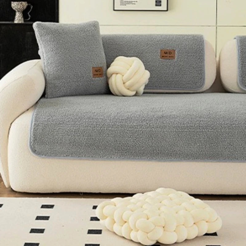 Solid Sherpa Anti-Slip Sofa Cover with PU label Decor for Living Room Coush Seat Cover, Universal Sofa Slipcover Furniture Towel