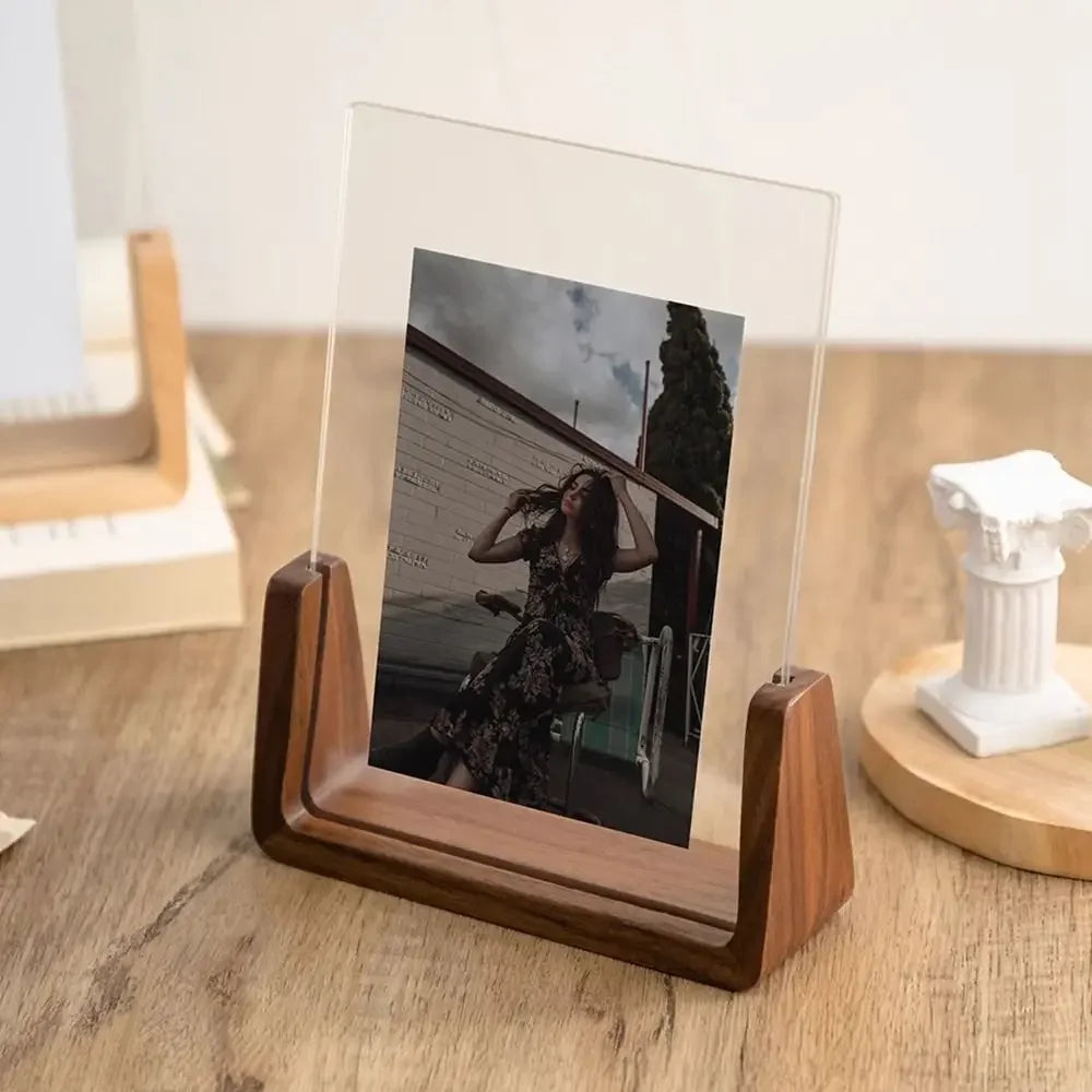 Walnut/Beech Creative Photo Frame Acrylic U Shape Transparent Frame Desktop Wood Wedding Pictures Frame Office Decor