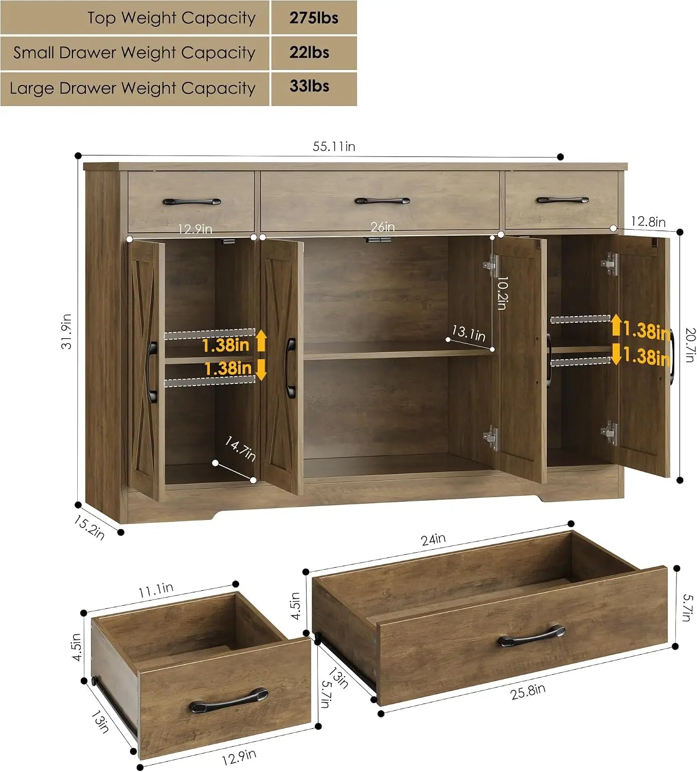 HOSTACK Kitchen Buffet Cabinet with Doors & Drawers, 55"W Farmhouse Sideboard, Adjustable Shelves