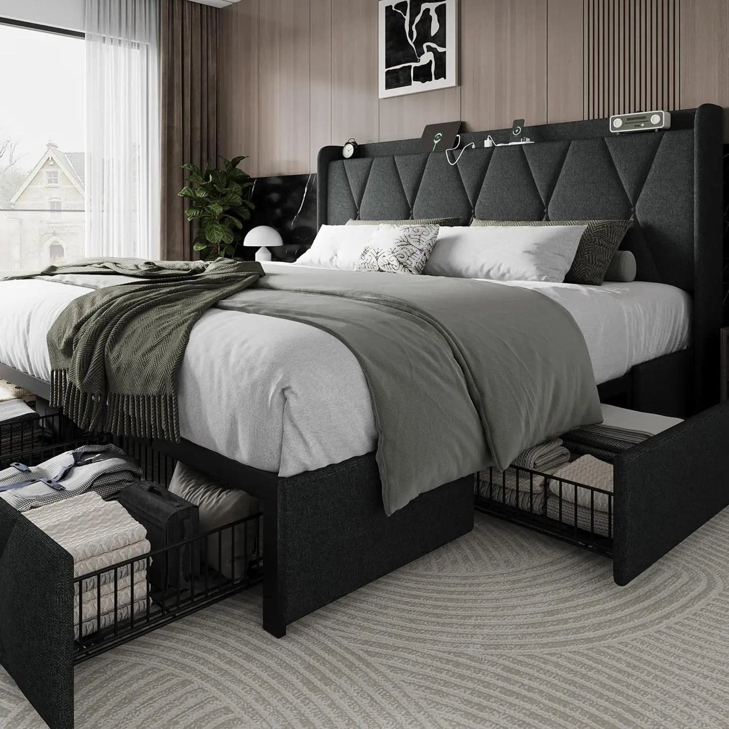 Bed Frame with 4 Storage Drawers and Charging Station Upholstered Platform Bed Frame with Storage Headboard No Box Spring Needed