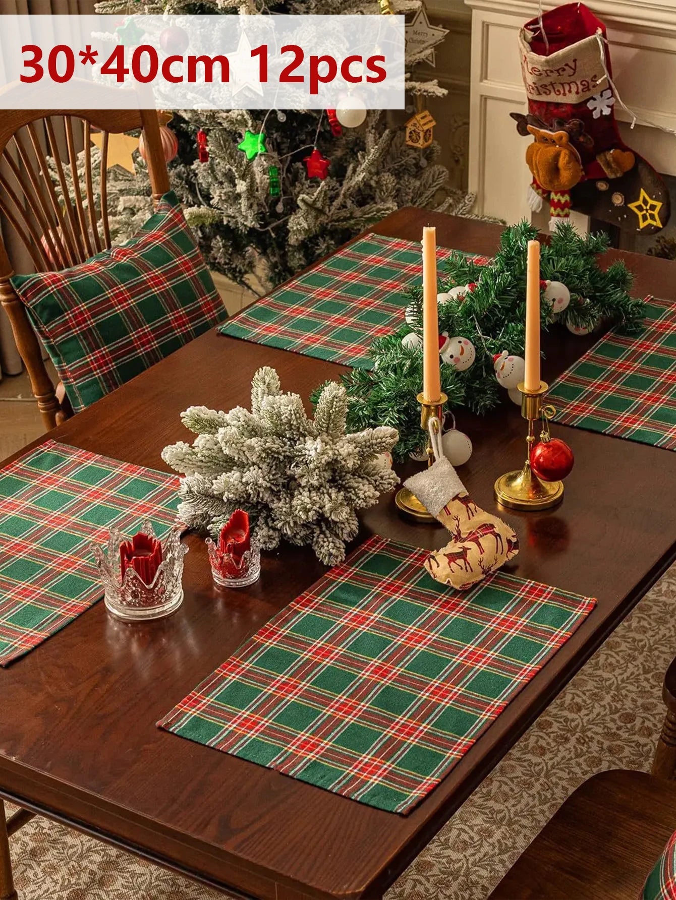 2/4/6Pcs Christmas Tartan Plaid Placemats Washable Table Mats for Holiday Dining Table Decor