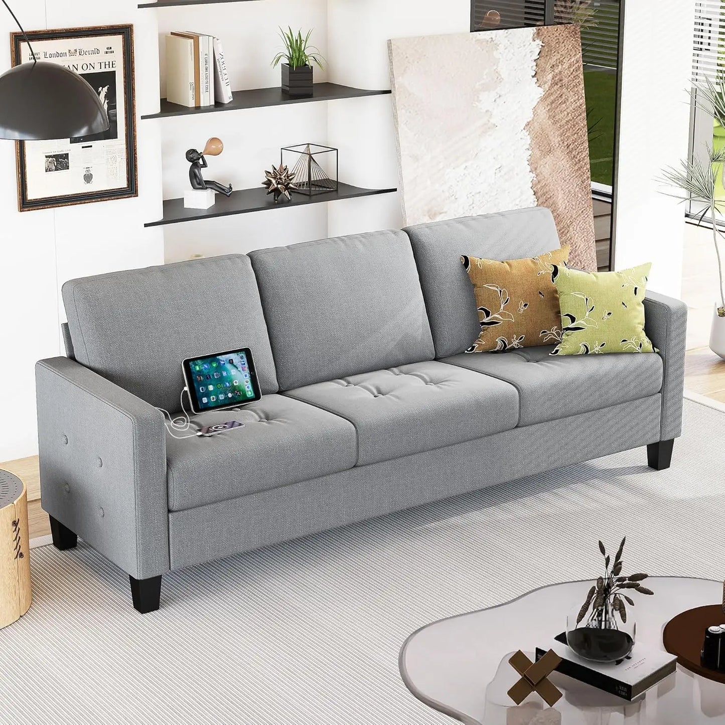 Modern Faux Leather Office Sofa With Tufted Arms USB