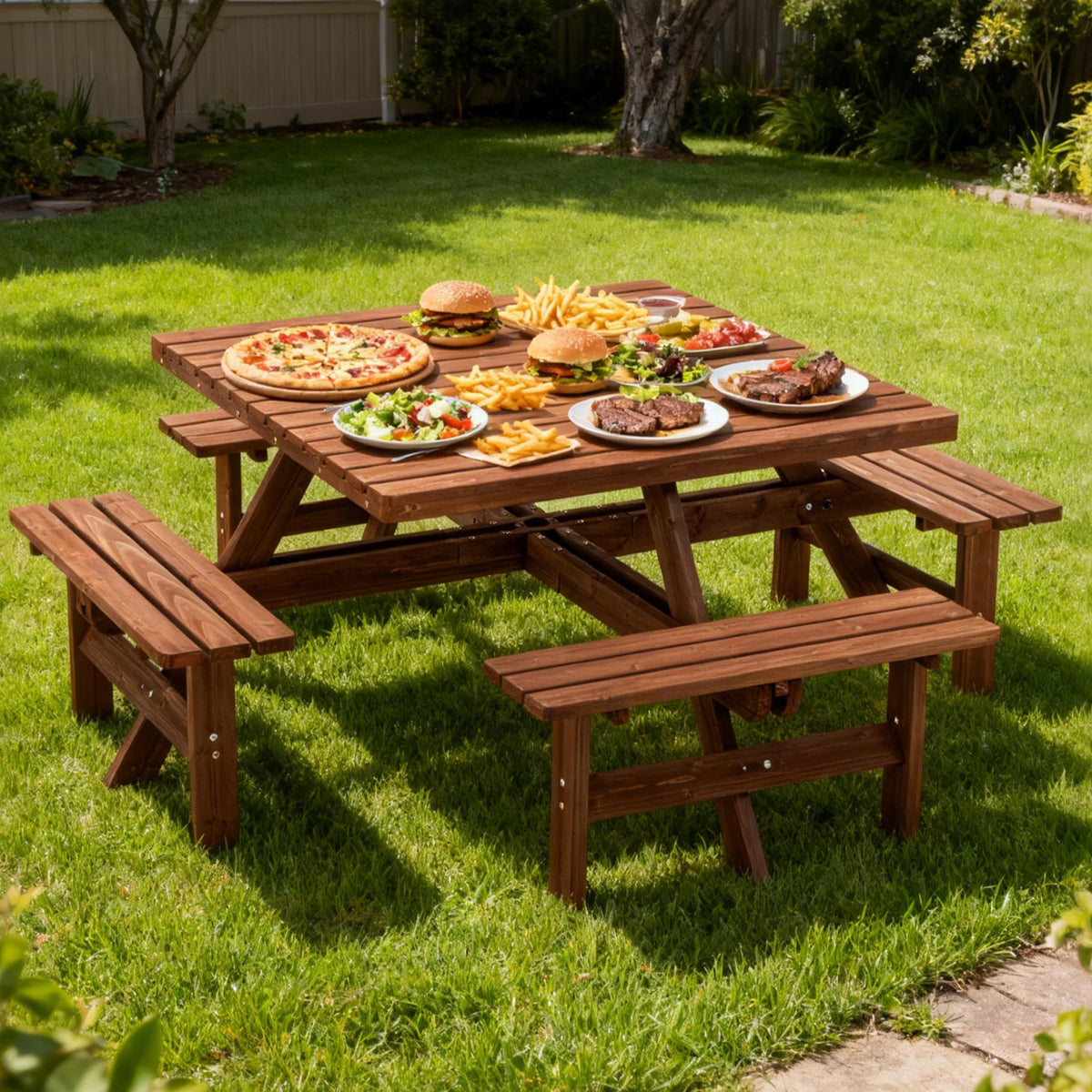 8 Person Square Picnic Table Umbrella Hole Waterproof Reinforced Structure Easy Clean Outdoor Dining Set Backyard Garden Camping