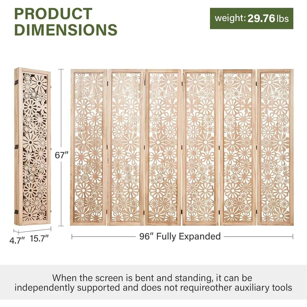 Folding Wood Room Divider Panel, 67 Inch Tall Daisy-Carved Privacy Screen - No-Assembly Required, Decorative Flower Carved Room