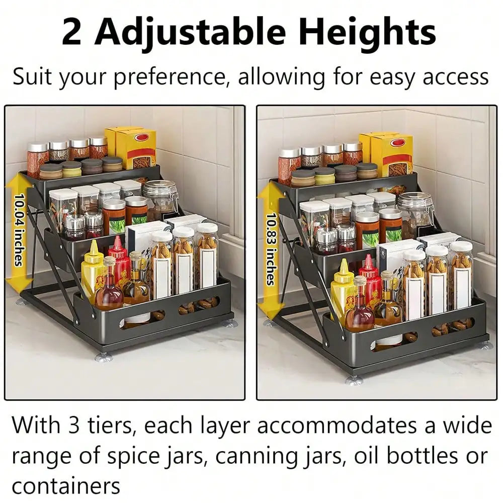 3 Tier Spice Rack Organizer Modern Black Metal Foldable Countertop Seasoning Storage Shelf Space Saving Kitchen Cabinet Organizer Rack With Protection Guardrails For Pantry Dining Table Housewarming Gift