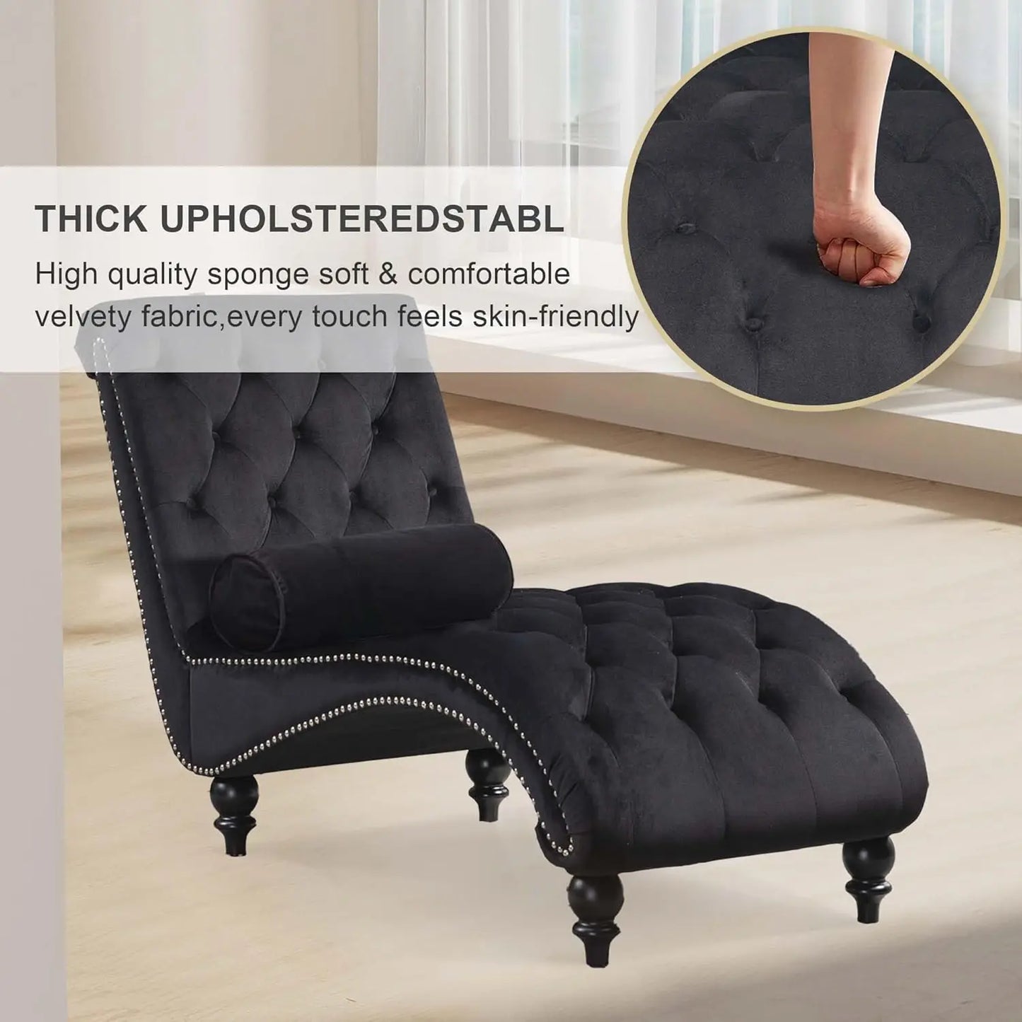 Velvet Tufted Chaise Lounge Chair With Pillow For Living