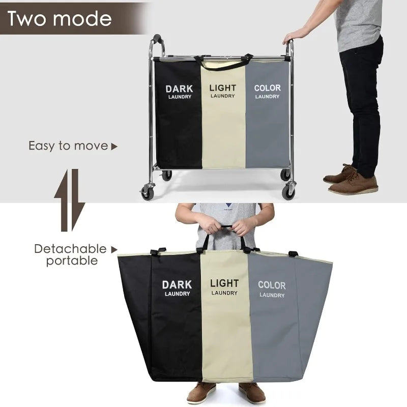 Laundry Basket with Wheels 240l Hamper 3 Section Bag