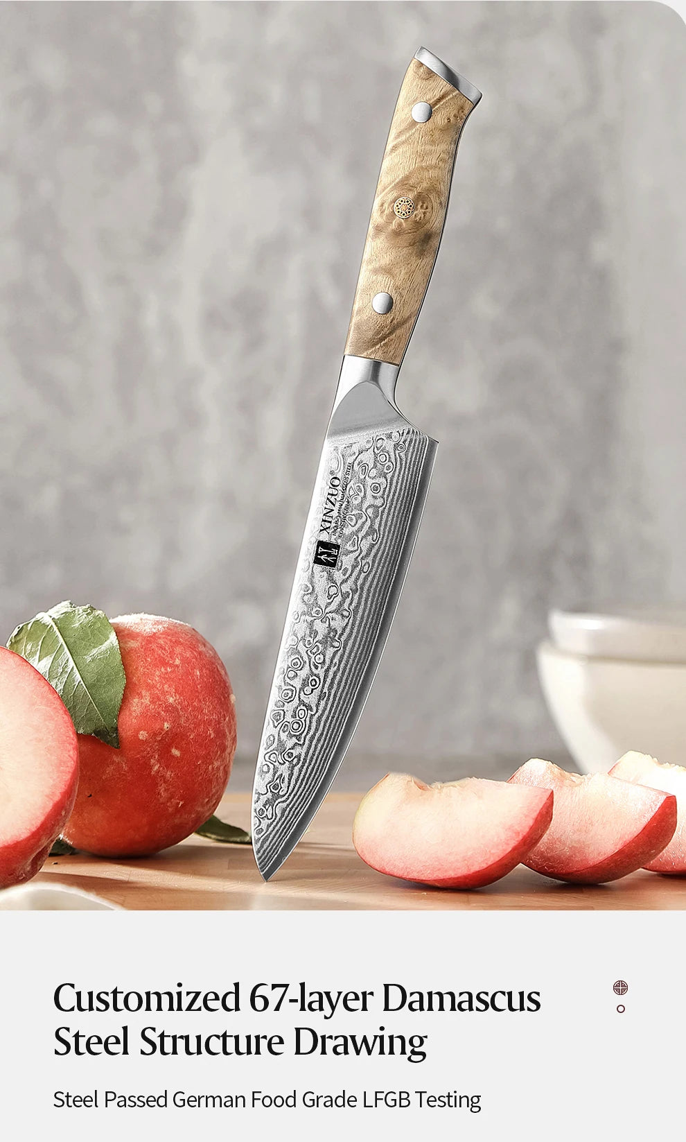 XINZUO 1-3PCS Damascus Steel Knife Set Chef Santoku Utility Knives 67 Layers Super Steel Figured Sycamore Brass Rivets 60HRC