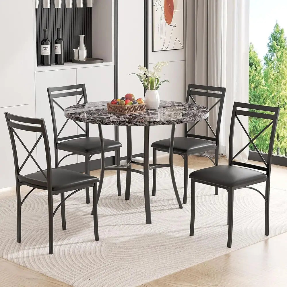Space Saving Round Dining Table Marble Look Metal Frame