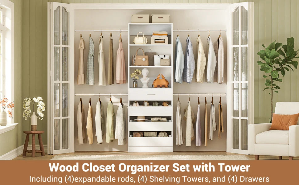 4-9Ft Closet System with 4 Wooden Drawers, Walk-in Closet Organizer Wardrobe Clothes Rack with 4 Hanging Rods, Garment Rack
