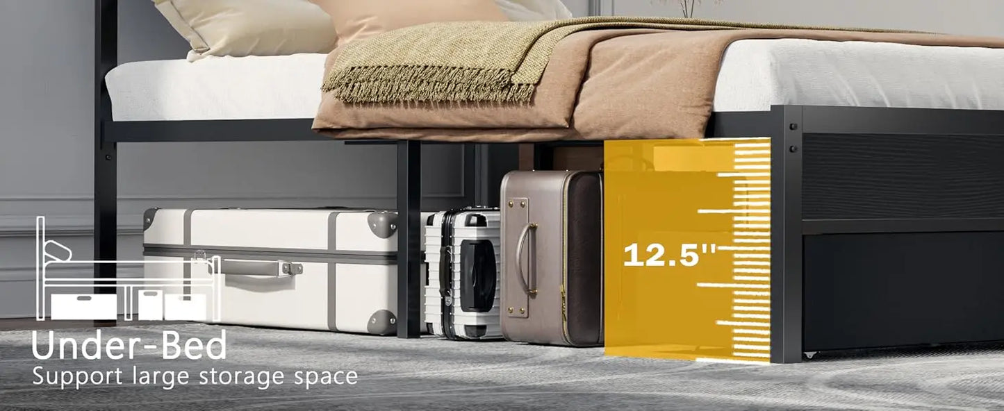Queen Bed Frame with Charging Station and LED Lights, Grey Upholstered Headboard with Shelves, Metal Platform Bed with 2 Under-Bed Storage (Fabric Drawer on Wheels), No Box Spring Needed