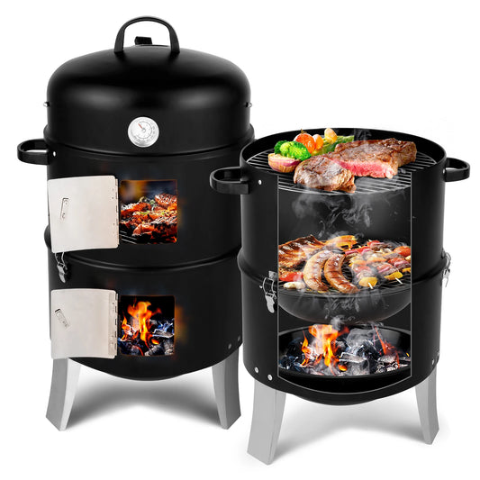 Vertical Steel Charcoal Smoker Heavy Duty Double Layer Round BBQ Grill for Outdoor Cooking Black with Thermometer Chrome Grates