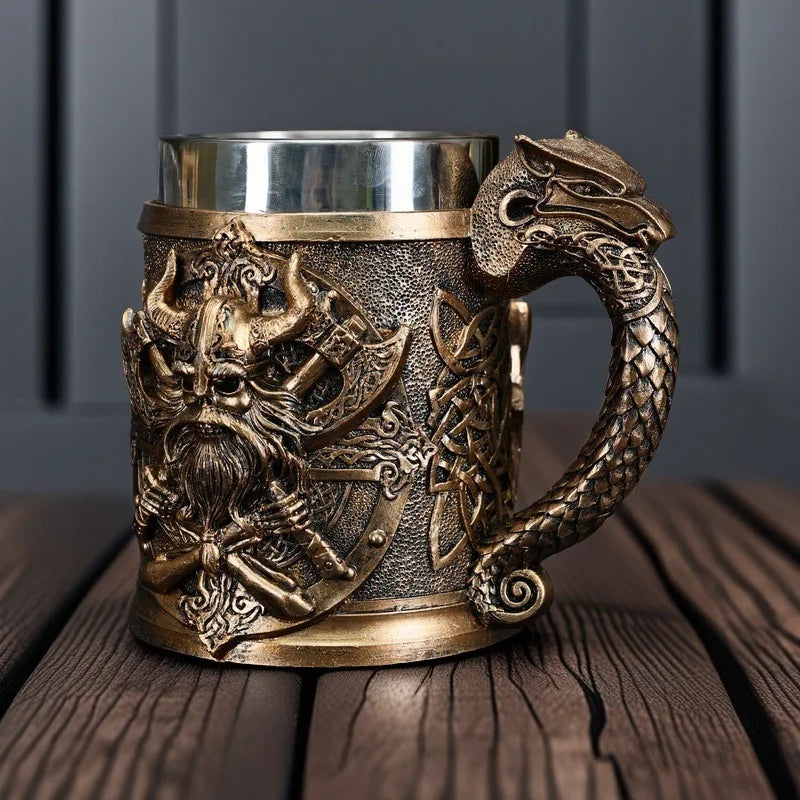 Viking Dragon Head Medieval Nordic Style 3D Resin Stainless Steel Beer Mug Home Desk Decoration Collectible Gift For Men