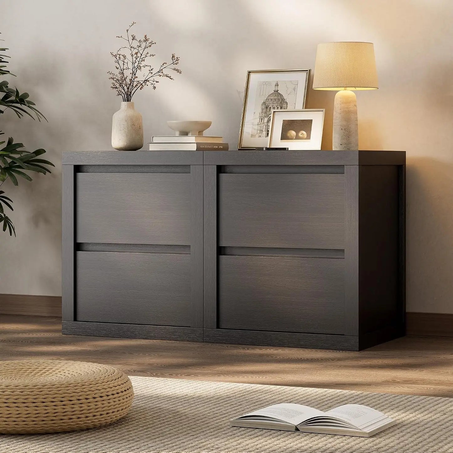 Set of 2 Wooden Nightstands With 2 Handle-Free Storage Drawers, Thickened Bedside End Side Table For Bedroom Black Finish