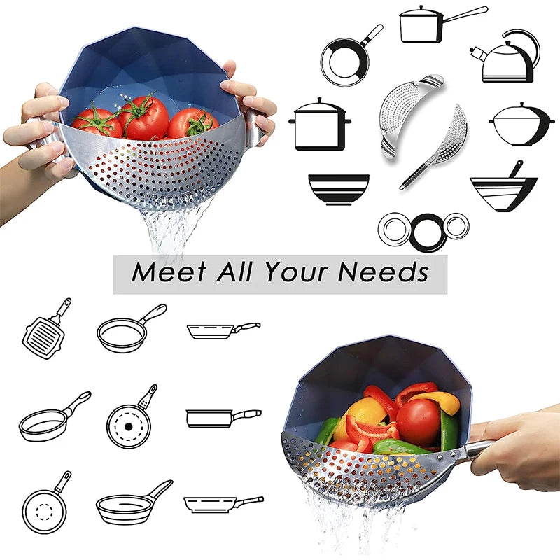 2 Pieces Pot Strainer with Handle Stainless Steel Colander Pasta Drainer Pan Pot Strainer with Recessed Hand Grips Fits up to 9"