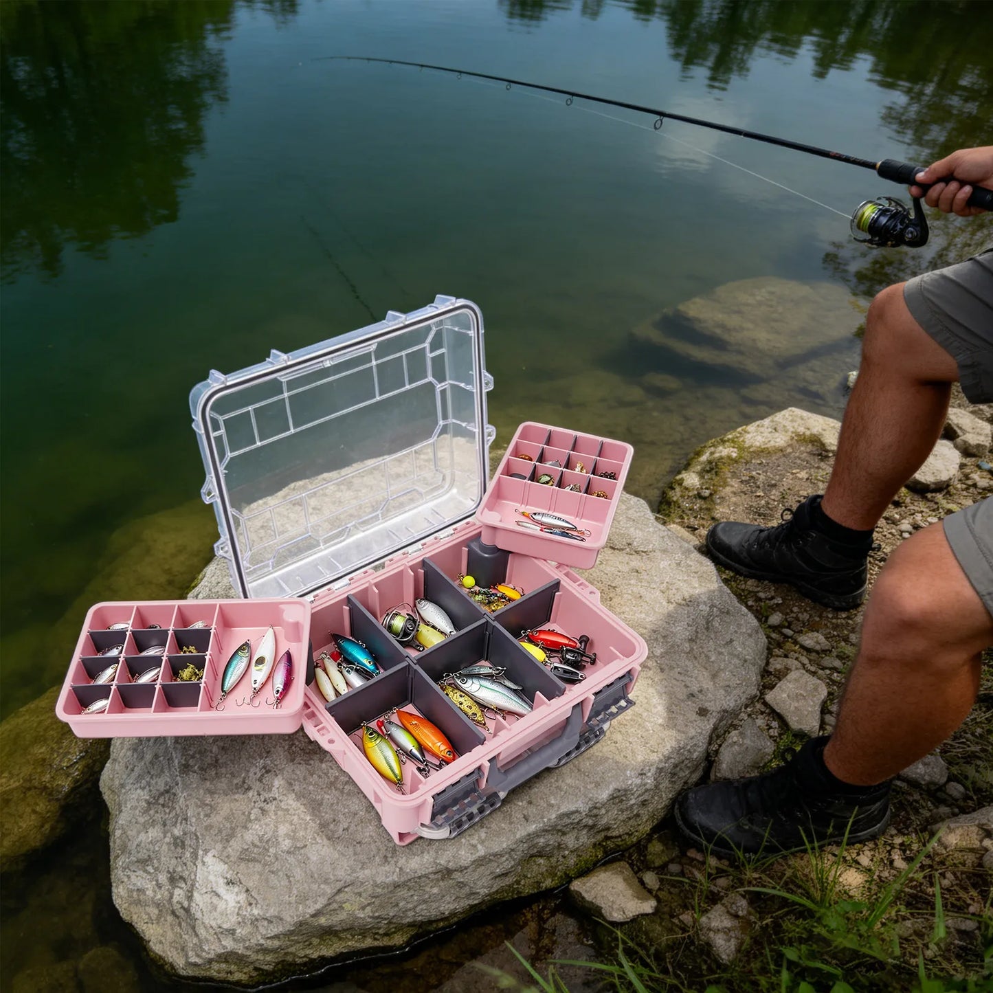 Fishing Tackle Box Small Tackle Storage Box Large Capacity Pink Multi-layer Organizer Removable Slots DIY Tray Portable Lure Bait Hook Line Container Double Lock Secure Thickened PP Waterproof Durable Outdoor Case for Fishing