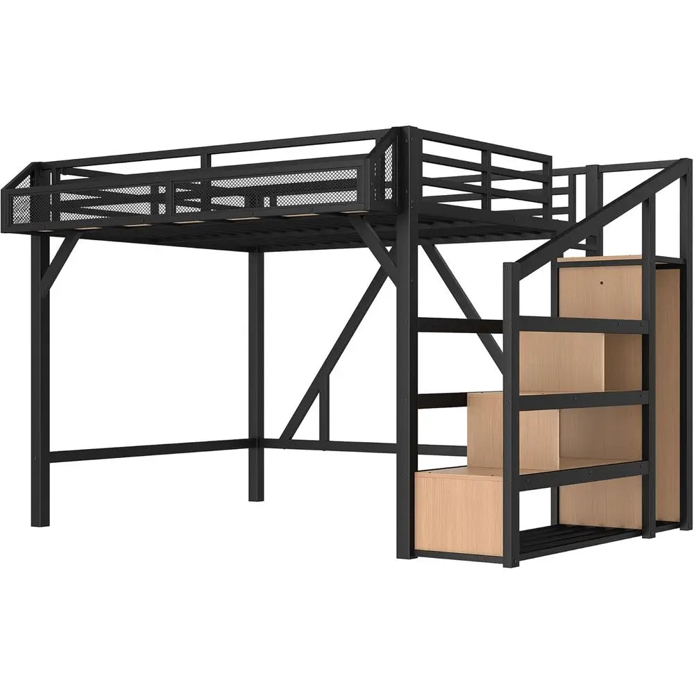 Storage Staircase Bed with Shelves, Built-in Wardrobe, USB Ports, LED Lights, and Noise-Reduced Design in Natural Wood