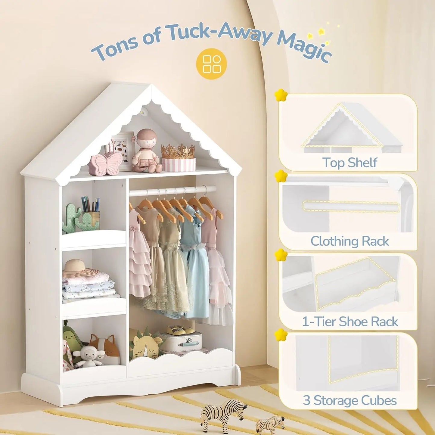 Dollhouse Kids Dress Up Storage with Full-Length Mirror & Touch Activated Light, Open Hanging Kids Wardrobe Closet,