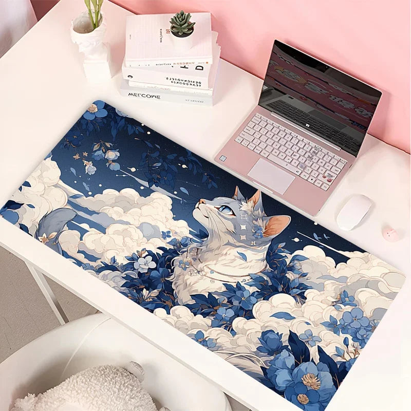 Clouds Black Cat Mouse Pad PC Green Plants Flower Gaming Keyboard Rug Laptop Kawaii Anime Gamer Cabint Mousepad Cute Desk Mat