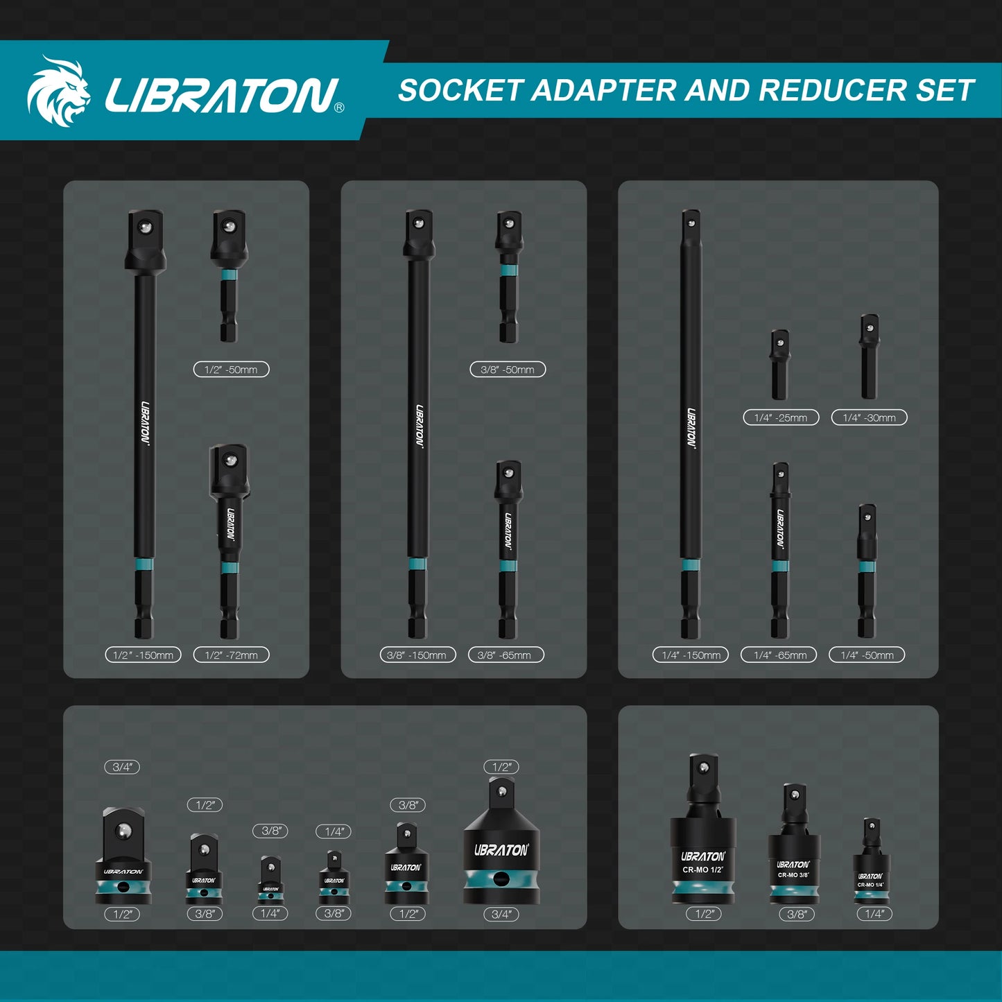Impact Socket Adapters And Reducer Set With Universal Joints