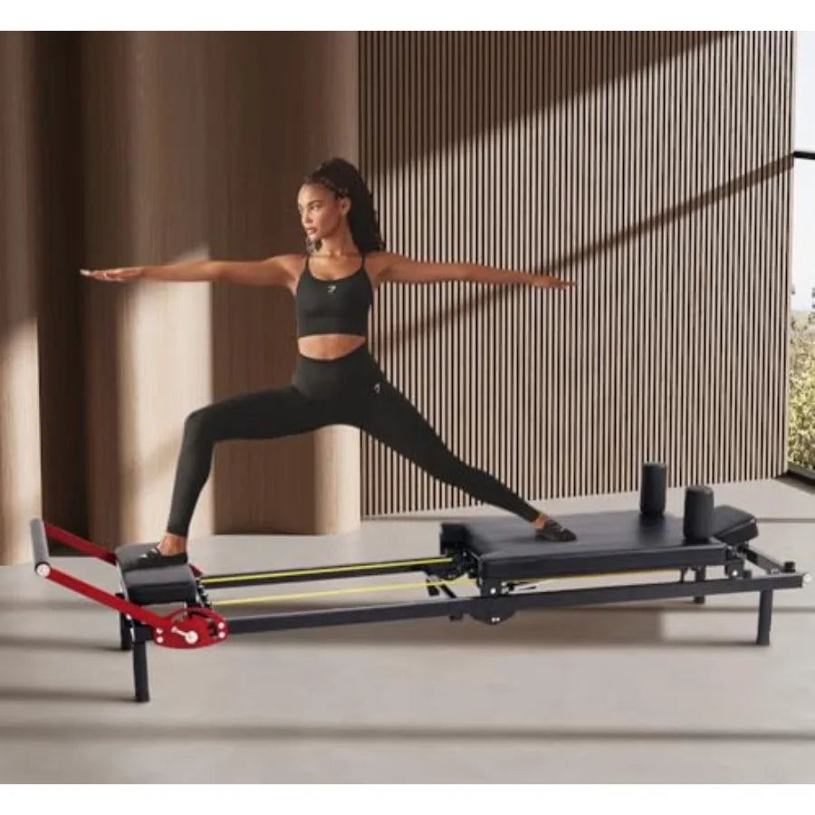 Home Gym Pilates Reformer Machine, Steel Frame, Black, Quick-Assembly Foldable Design with Up to 330lbs Capacity and Adjustable
