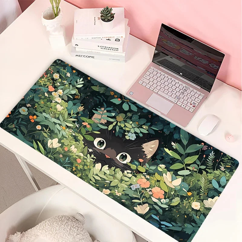Clouds Black Cat Mouse Pad PC Green Plants Flower Gaming Keyboard Rug Laptop Kawaii Anime Gamer Cabint Mousepad Cute Desk Mat