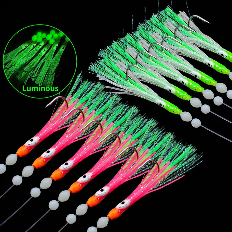 2 X 6Pcs/Set Luminous Squid Sabiki Rig Baits Soft Octopus Fishing Hook Bass Trout Salmon Lures