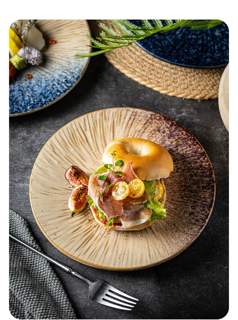 Ceramic Steak Plates Set Dinnerware Underglaze Flat Round Plates for Home Kitchen Restaurant Service