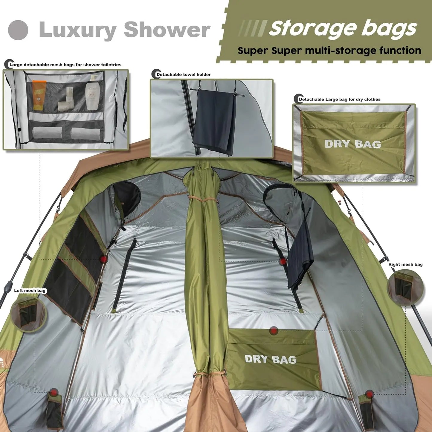 Camping Shower Tent Deluxe Easy Setup Privacy Shelter with Floor Drain for Beach Hiking