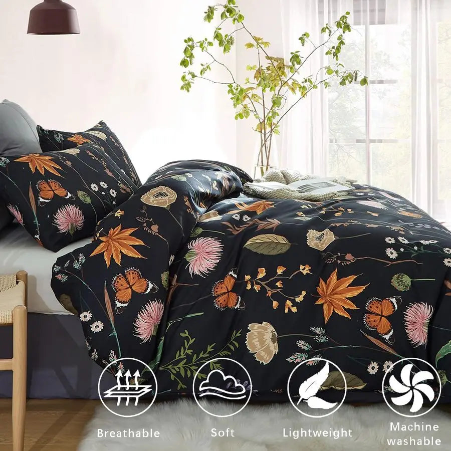 Duvet Cover King Size Black Comforter Cover with Colorful Botanical Yellow Butterfly Printed 3 Pieces Soft Microfiber Bedding Se