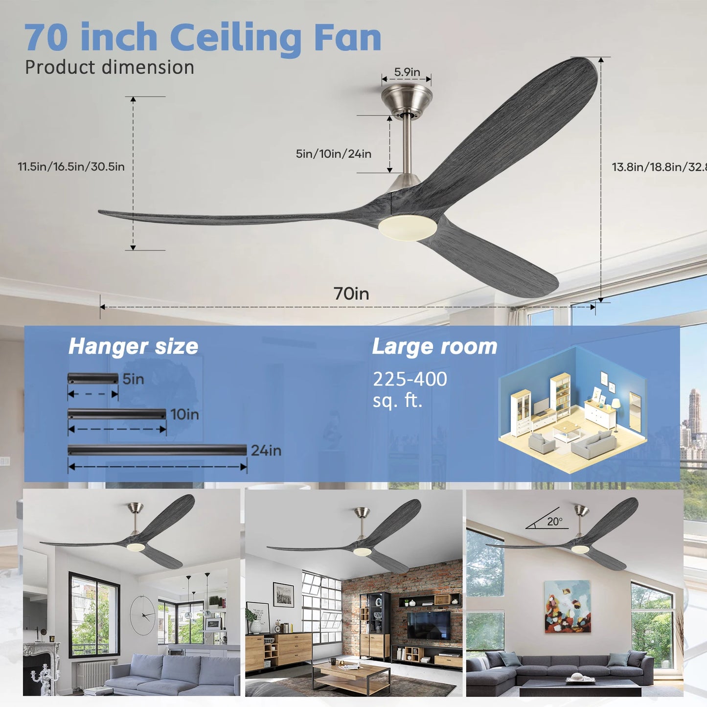 52/60/70-inch Ceiling Fan with Light and Remote 3 Wood Blades High CFM Dimmable LED Noiseless Reversible DC Fans for Bedroom