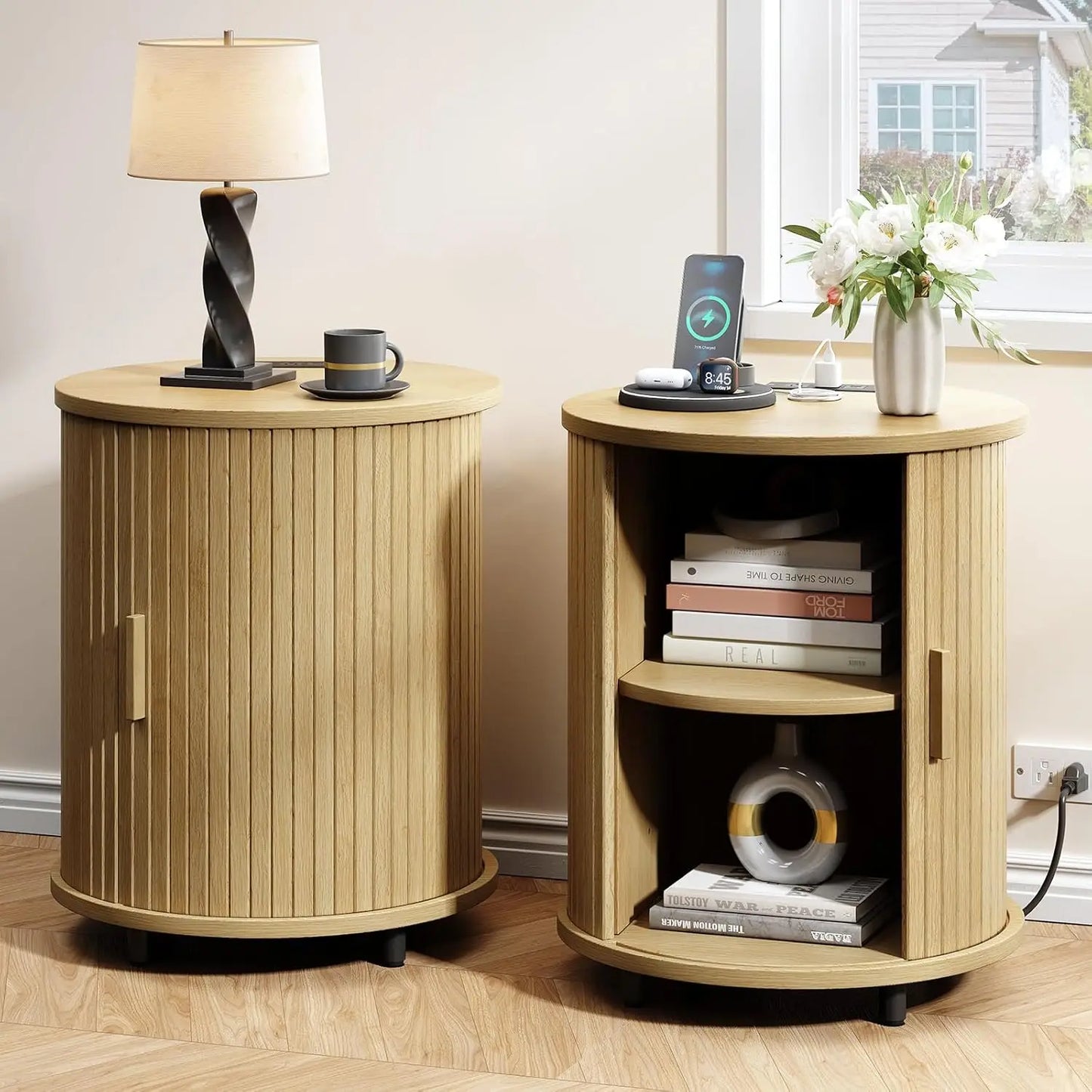 Fluted Round End Table, Mid Century Bedside Table, Modern Nightstands Set Of 2 For Living Room, Bedroom, Entryway