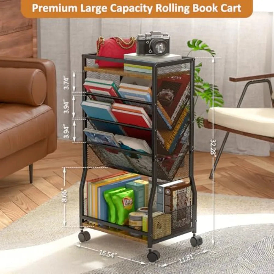 8 Tier Rolling Book Cart with Wheels, Mobile Book Storage Cart with 2 Sides Access Bookcase for Narrow Space, Rolling File Orga
