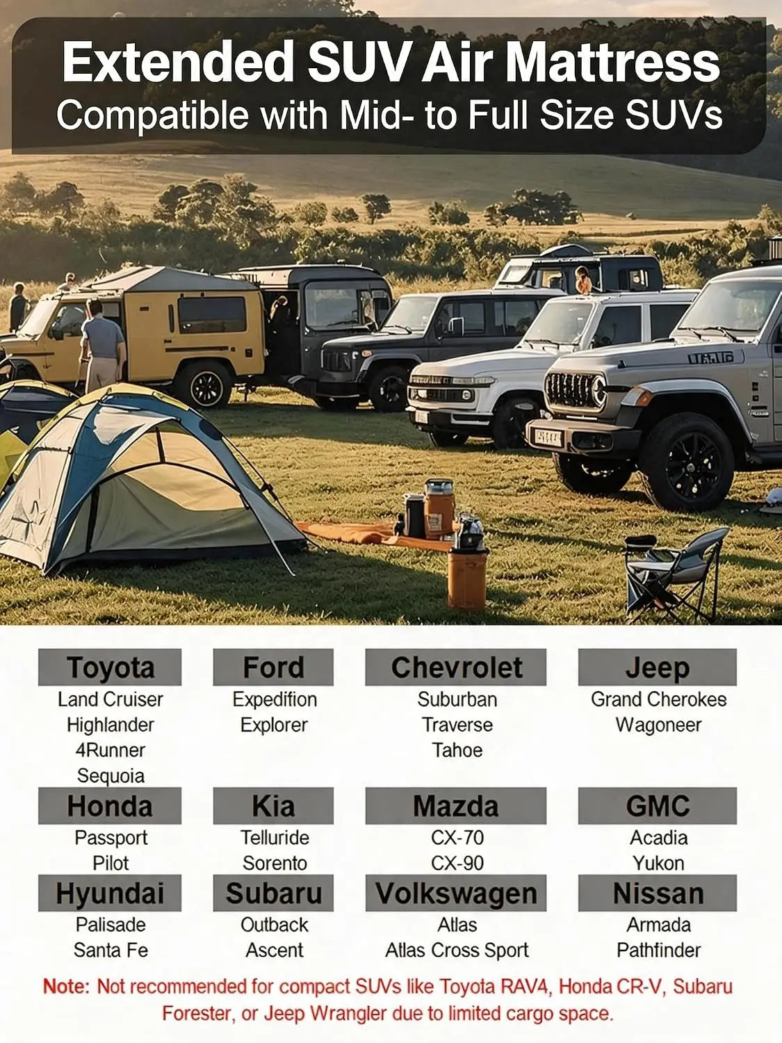 Umbrauto 78.7" SUV Air Mattress Fits Mid & Full Size SUVs (Not for Compact SUVs), Inflatable Car Bed for Back Seat with Rear Seats Folded| Extended Airbed for Minivans Cargo Area Camping