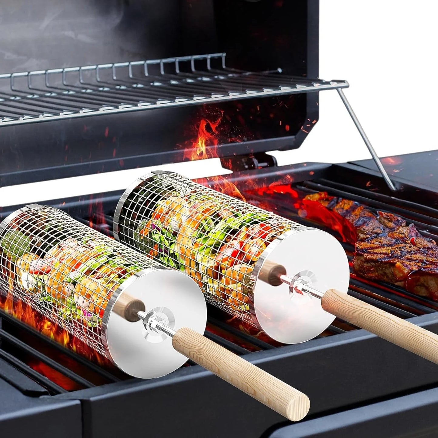 Rolling BBQ Cage with Wooden Handle - Outdoor BBQ Grill Basket | 304 Stainless Steel Grill Cylinder & Grill Net