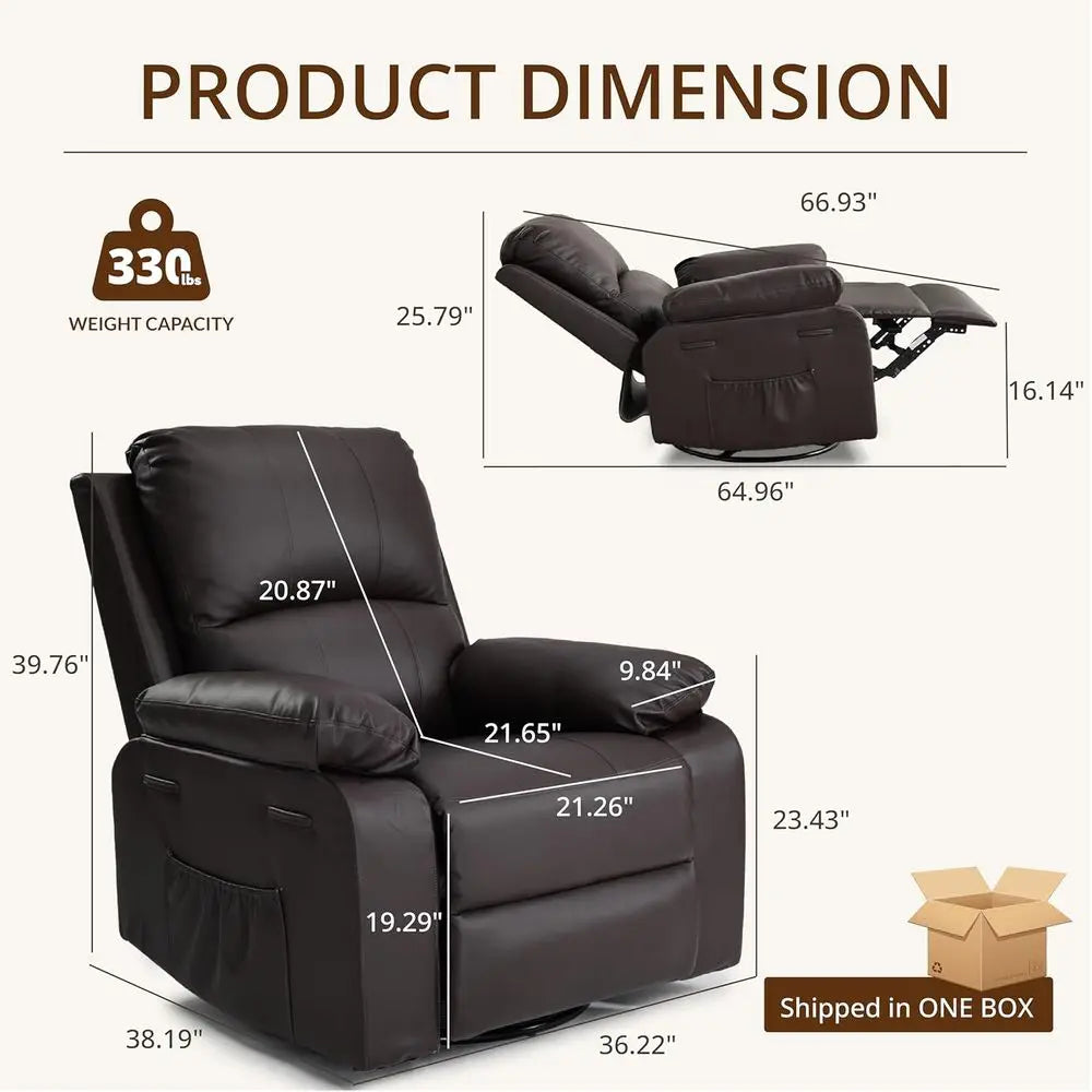 Overstuffed Leather Recliner With 360 Swivel And Pockets
