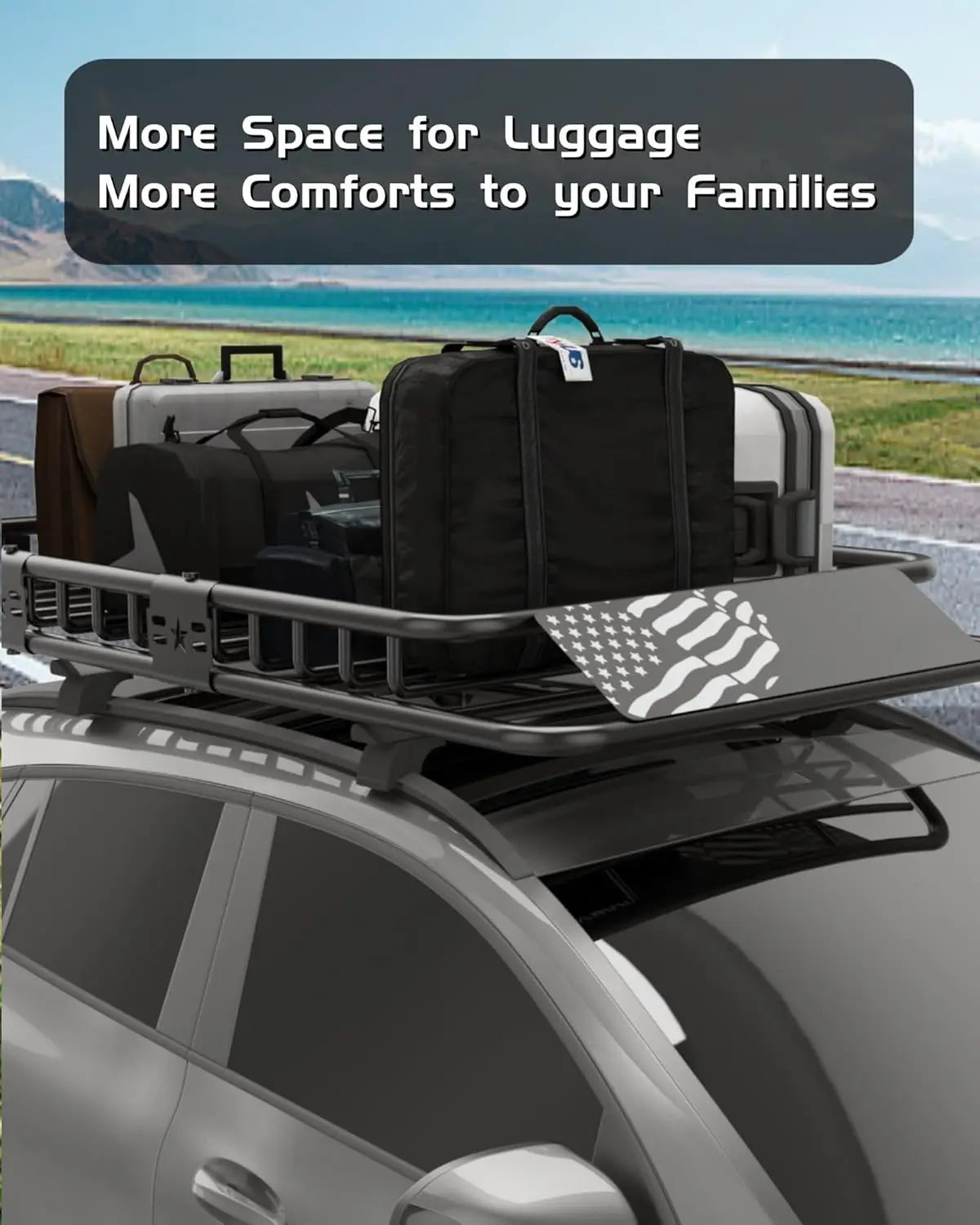 64 X 39 Inch Universal Roof Rack Basket, 200 Lbs Capacity Cargo Carrier with Wind Fairing for SUV, Truck, RV & Vehicle Roof Rack