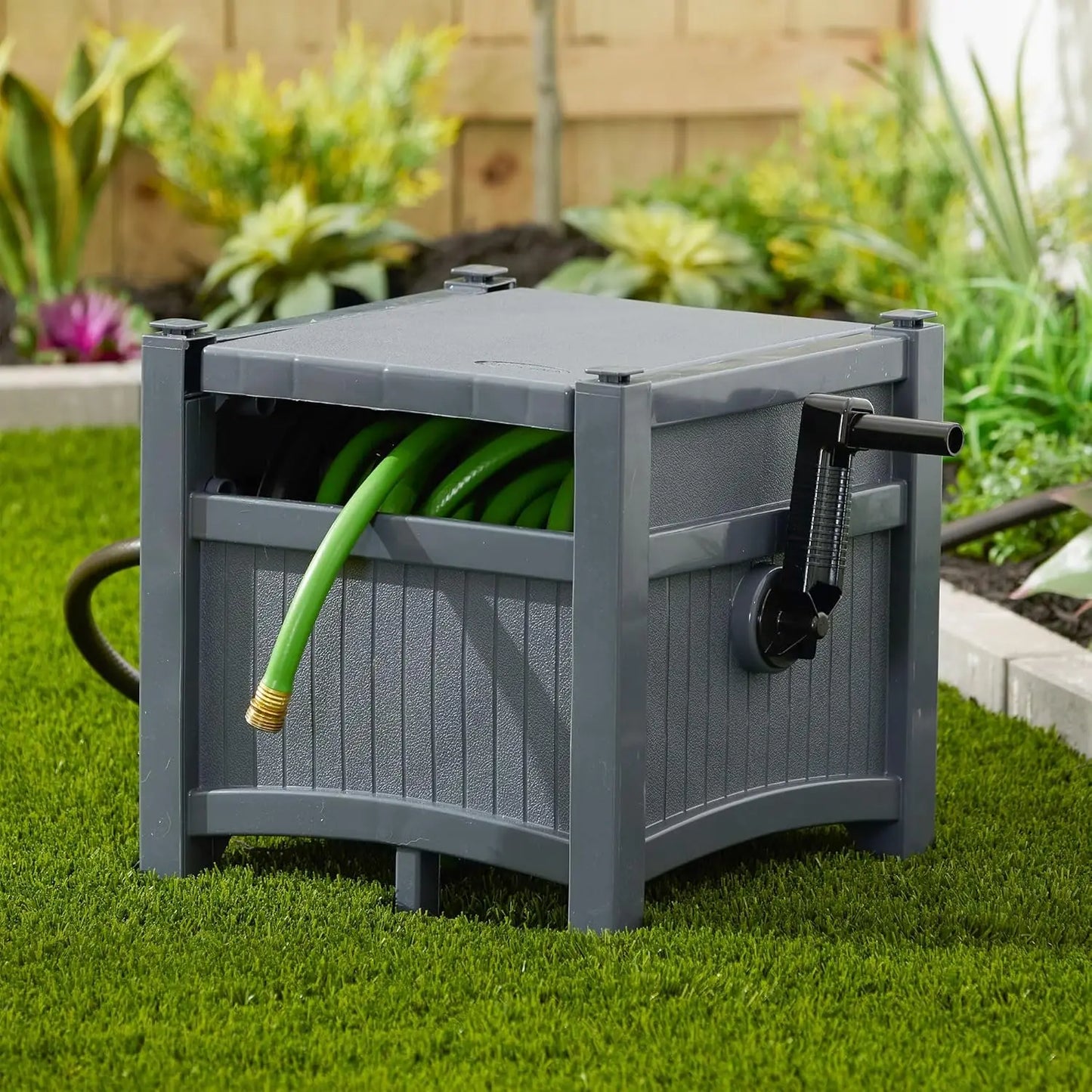 Suncast Cyberspace Grey Garden Hose Storage Reel Box Resin Outdoor Container Holds 100FT 5/8 Inch Water Line No Assembly Require